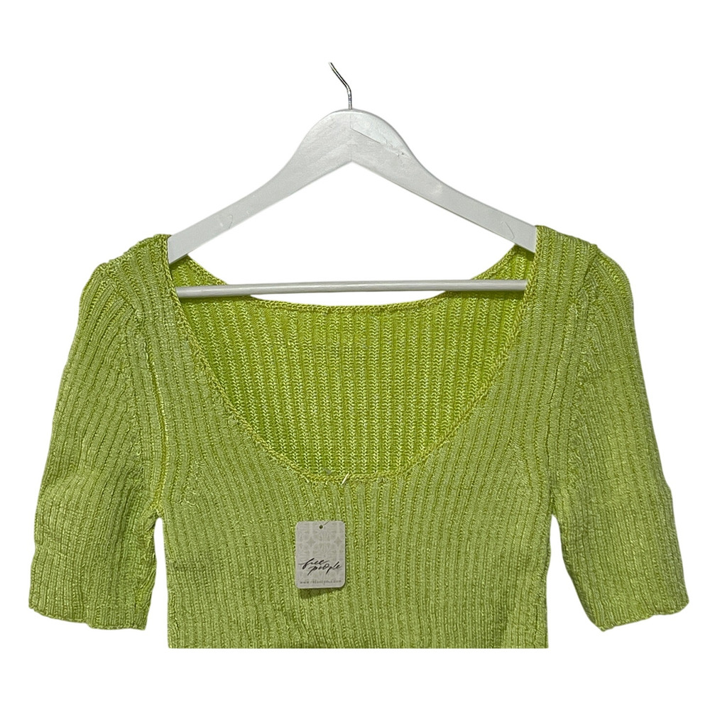 FREE PEOPLE TOP WOMENS LARGE SAN LUCAS STRETCH KNIT CROP PULLOVER SWEATER GREEN - Picture 9 of 13